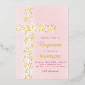 水色ピンクの白い金ゴールドクロス洗礼 箔招待状 (正面)