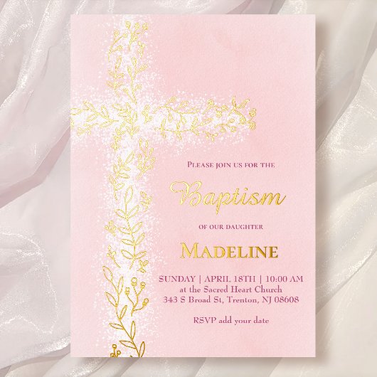 水色ピンクの白い金ゴールドクロス洗礼 箔招待状