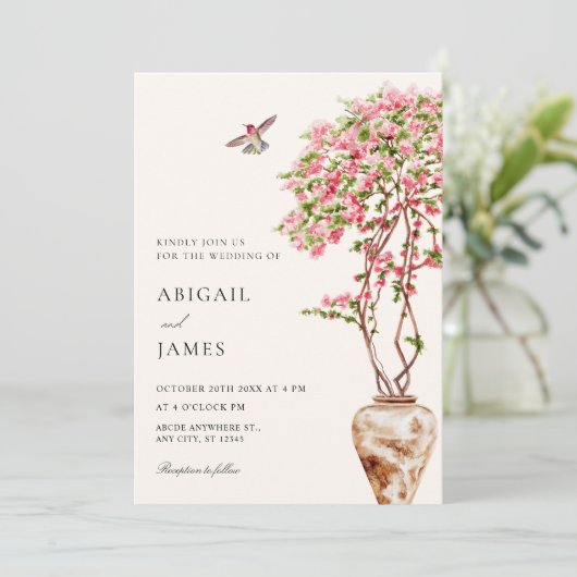 水色ピンクの結婚植物 招待状 (スタンド正面)