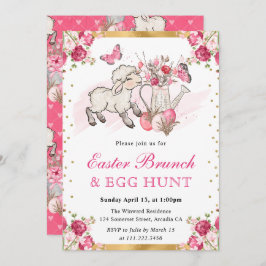 水色ピンクの花かわいい子羊のイースターブランチ 招待状