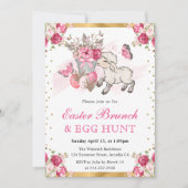 水色ピンクの花かわいい子羊のイースターブランチ 招待状 (正面)
