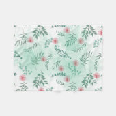 水色ピンクの花と緑の枝の植物 フリースブランケット (正面(横))