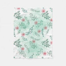 水色ピンクの花と緑の枝の植物 フリースブランケット