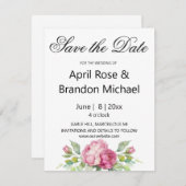 水色ピンクの花模様牡丹バラ日付を保存 セーブザデート (正面/裏面)