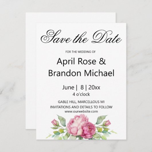 水色ピンクの花模様牡丹バラ日付を保存 セーブザデート (正面/裏面)