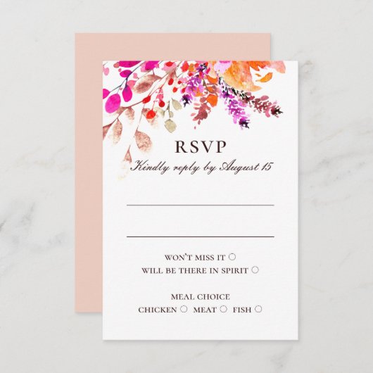 水色ピンクの花。フローラ庭園の結婚式 出欠カード (正面/裏面)