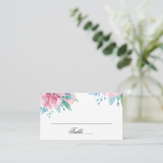 水色ピンクの花。赤面結婚フローラ プレイスカード (スタンド正面)