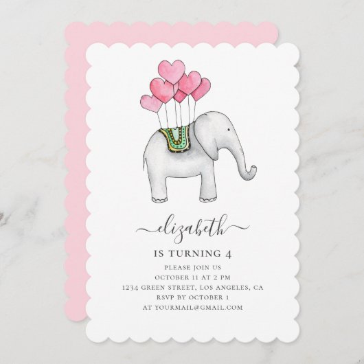 水色ピンクの象。女の子の誕生日パーティー 招待状 (正面/裏面)
