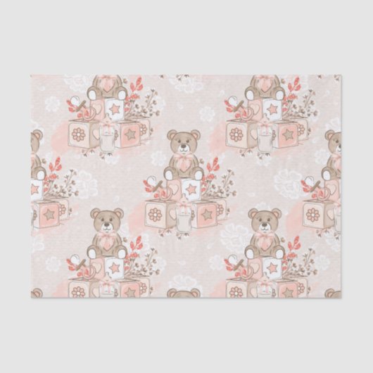 水色ピンクの赤ちゃん女の子テディベアブロック 薄葉紙 (正面)