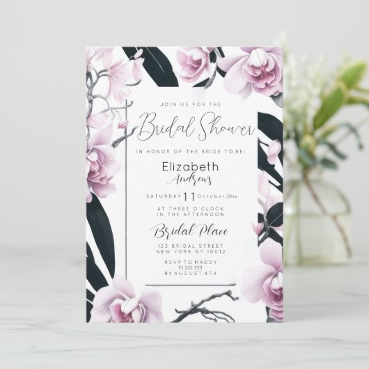 水色ピンクの黒い蘭の花のブライダルシャワー 招待状 (スタンド正面)