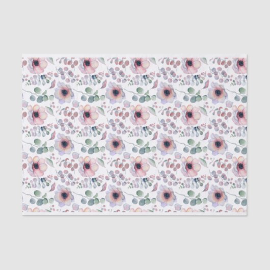 水色ピンクアネモンとユーカリ模様 薄葉紙 (正面)