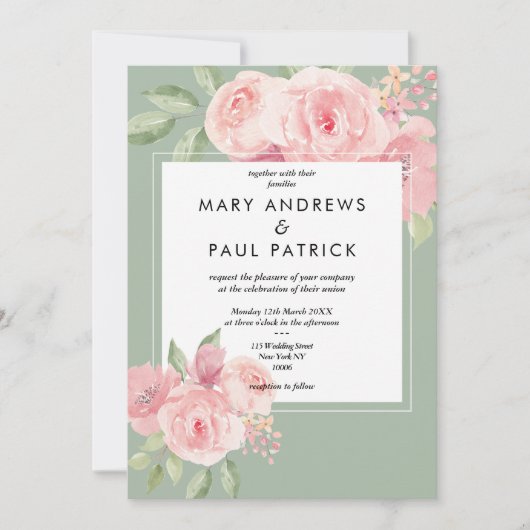水色ピンクエレガントミントグリーンフローラ結婚ズ 招待状 (正面)