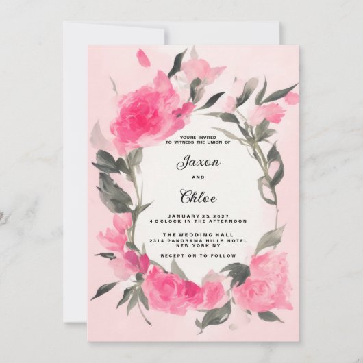 水色ピンクグレーフローラ結婚テーマ 招待状 (正面)