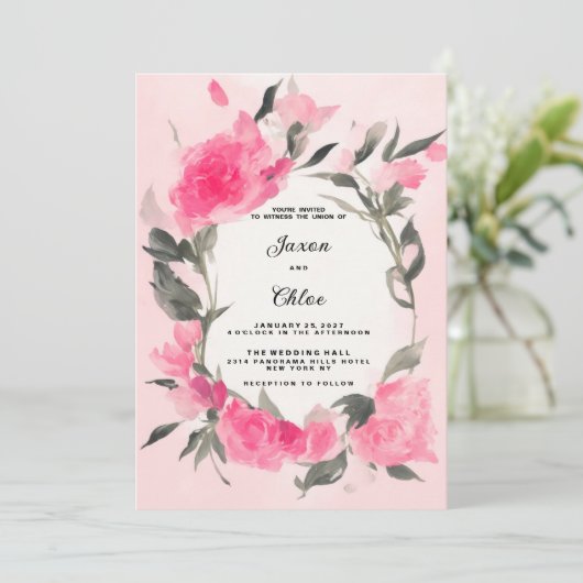 水色ピンクグレーフローラ結婚テーマ 招待状 (スタンド正面)