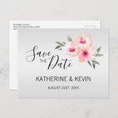 水色ピンクグレーフローラ結婚式の日付を保存 案内ポストカード (正面/裏面)