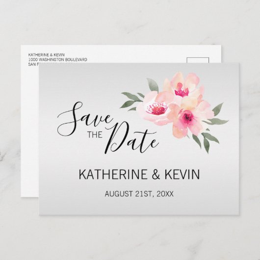 水色ピンクグレーフローラ結婚式の日付を保存 案内ポストカード (正面/裏面)
