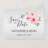 水色ピンクグレーフローラ結婚式の日付を保存 案内ポストカード (正面)
