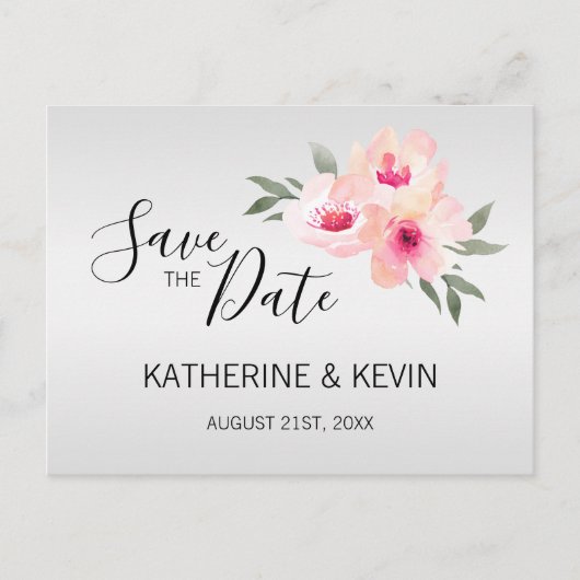 水色ピンクグレーフローラ結婚式の日付を保存 案内ポストカード (正面)