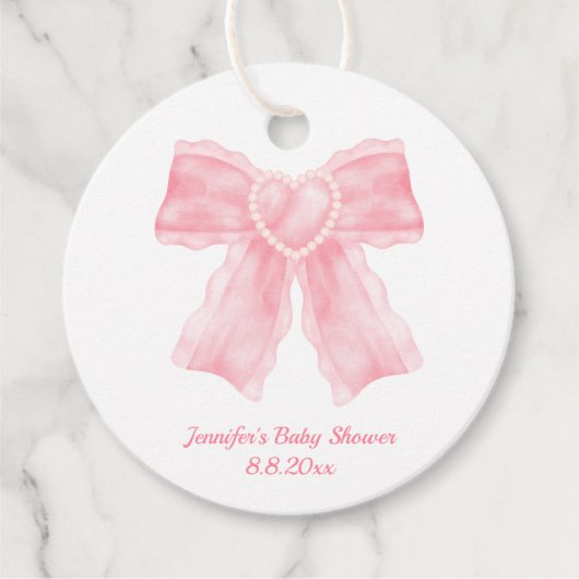 水色ピンクハート弓女の赤ちゃんシャワー フェイバータグ (正面)