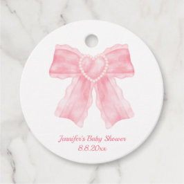 水色ピンクハート弓女の赤ちゃんシャワー フェイバータグ