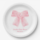 水色ピンクハート弓女の赤ちゃんシャワー ペーパープレート (正面)