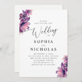 水色ピンクパープルフローラ結婚スクリプト 招待状 (正面/裏面)