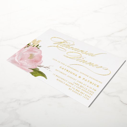 水色ピンクピーニーリハーサルディナー金ゴールド 箔招待状 (回転した状態)