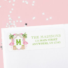 水色ピンクフラミンゴモノグラムクレストアドレス ラベル