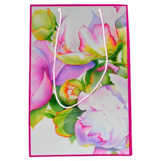 水色ピンクフローラピンク牡丹ホワイトフローラ ミディアムペーパーバッグ (正面)