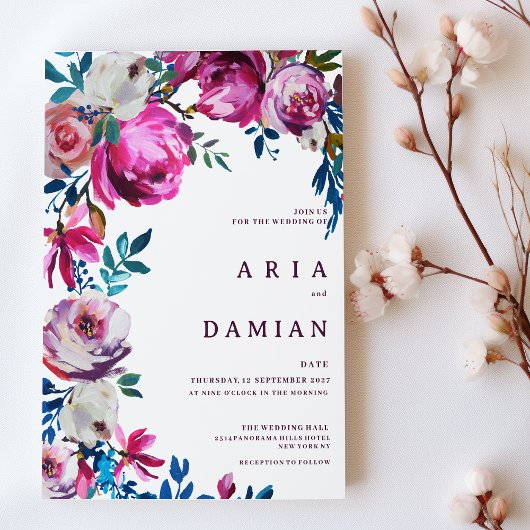 水色ピンクブルーパープルホワイトフローラ結婚ズ 招待状