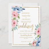 水色ピンクブルー白金ゴールド結婚フローラ 招待状 (正面)