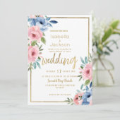 水色ピンクブルー白金ゴールド結婚フローラ 招待状 (スタンド正面)