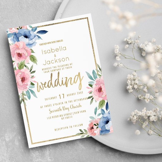 水色ピンクブルー白金ゴールド結婚フローラ 招待状