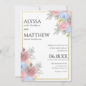 水色ピンクブルー金ゴールド国結婚フローラ 招待状 (正面)