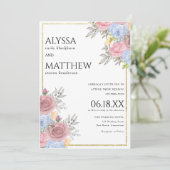 水色ピンクブルー金ゴールド国結婚フローラ 招待状 (スタンド正面)
