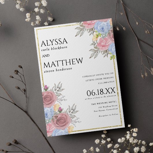 水色ピンクブルー金ゴールド国結婚フローラ 招待状