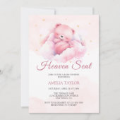 水色ピンクベア天国送信ガールベビーシャワー 招待状 (正面)