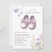 水色ピンクベビーシューズフローラガールベビーシャワー 招待状 (正面)