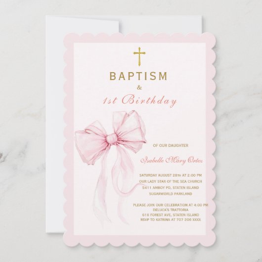 水色ピンクボウバプテスマと誕生日 招待状 (正面)