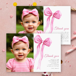 水色ピンクボウ女の子の誕生日パ感謝していーティー サンキューカード