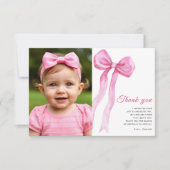 水色ピンクボウ女の子の誕生日パ感謝していーティー サンキューカード (正面)