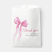 水色ピンクボウ女の子の誕生日パ感謝していーティー フェイバーバッグ (正面)