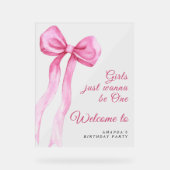 水色ピンクボウ女の子1st誕生日パーティー アクリルサイン (正面)