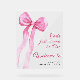 水色ピンクボウ女の子1st誕生日パーティー アクリルサイン