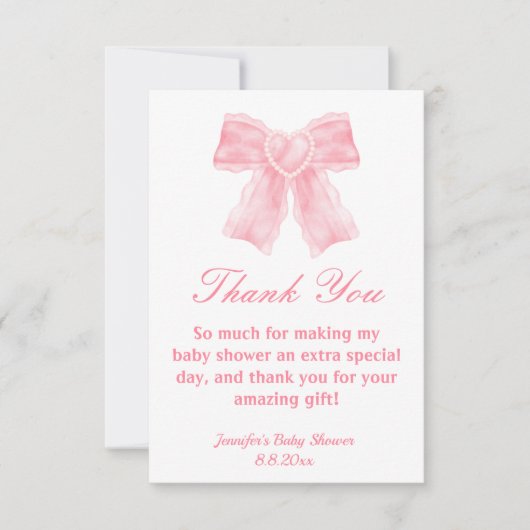 水色ピンクボウ女の赤ちゃんシャワー サンキューカード (正面)