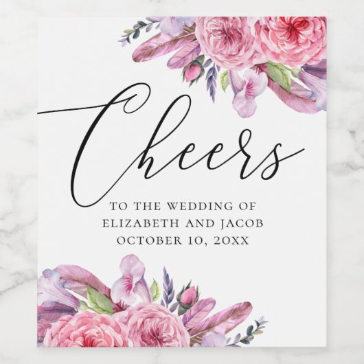 水色ピンクボホフローラ結婚羽 ワインラベル (シングルラベル)