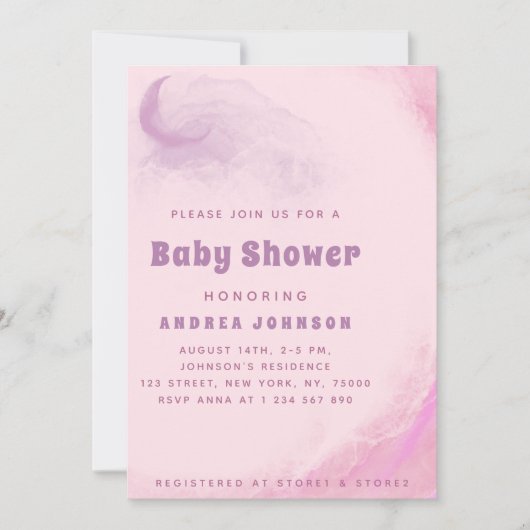 水色ピンク夢想月雲ガールベビーシャワー 招待状 (正面)