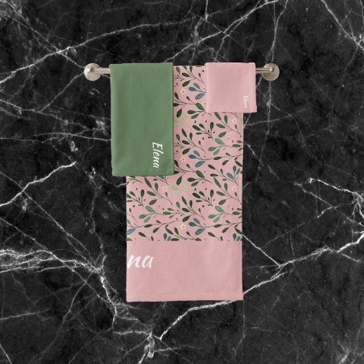 水色ピンク模様のグリーンリーフ名 バスタオルセット