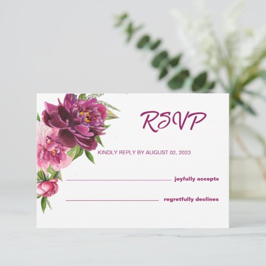 水色ピンク牡丹ウェディング素朴RSVPカード (スタンド正面)