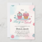 水色ピンク色のカップケーキジェンダー明らかにするパーティー 招待状 (正面)